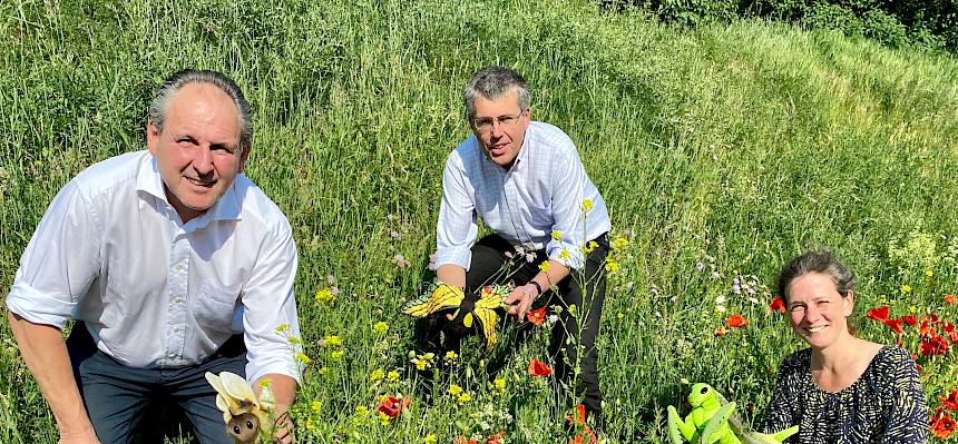 Bürgermeister Schuster, GR Schmid und die Obfrau des Heidevereins bewundern die Blütenvielfalt einer Straßenböschung © FdPH