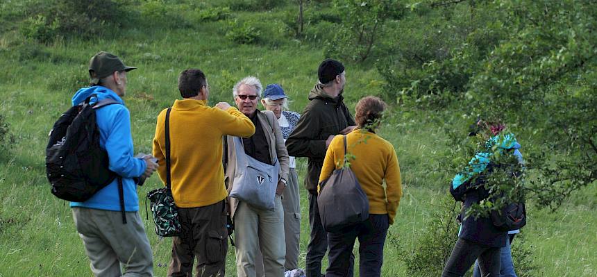 Die Teilnehmer:innen der Heideführung erkunden gemeinsam mit den Biolog:innen die faszinierende Fauna und Flora. © FdPH/V. Schönpflug