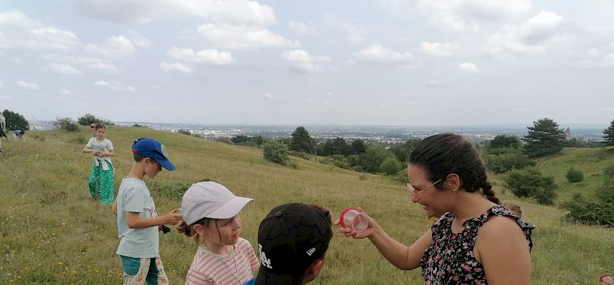 Naturpädagogin Romana erzählt den Kindern spannende Hintergründe zu den gefundenen Tieren. © FdPH/Girsch