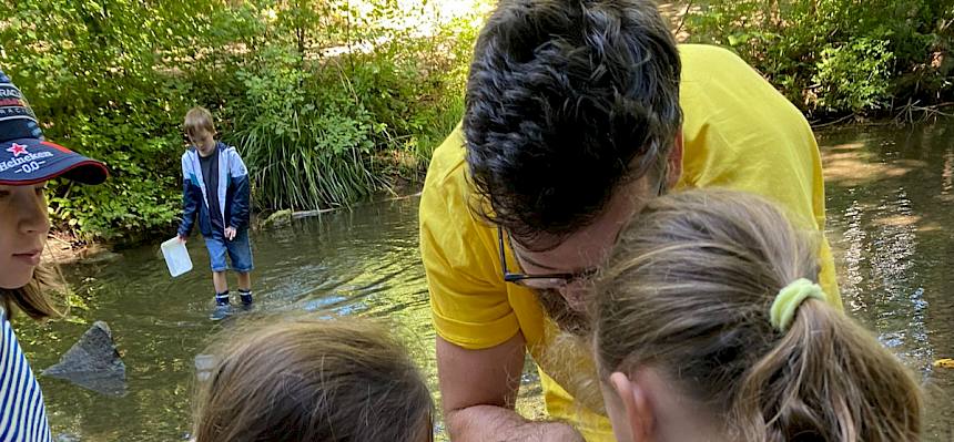 Naturpädagoge Luca ergänzte die Funde mit spannenden Informationen rund um die gefangenen Tiere. © Ferienspiel