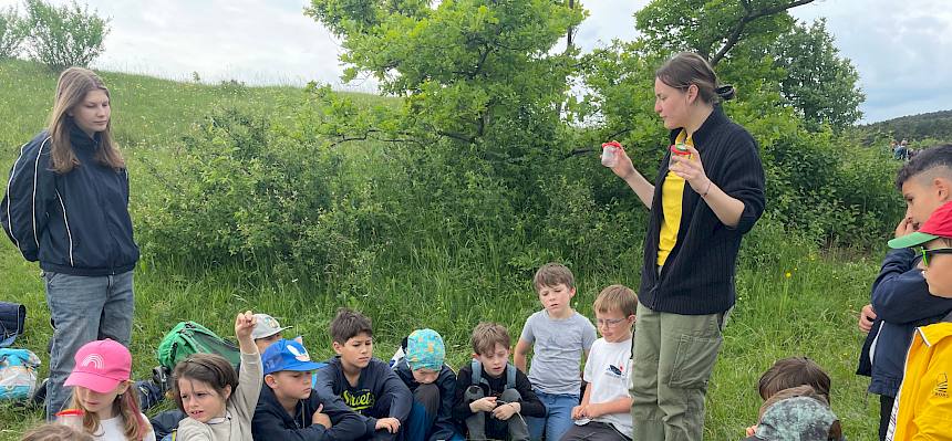 Von Naturpädagogin Nora erfuhren die Klassen Wissenswertes zur Entstehung der Trockenrasen und warum diese so besonders sind. © FdPH/N. Petermair