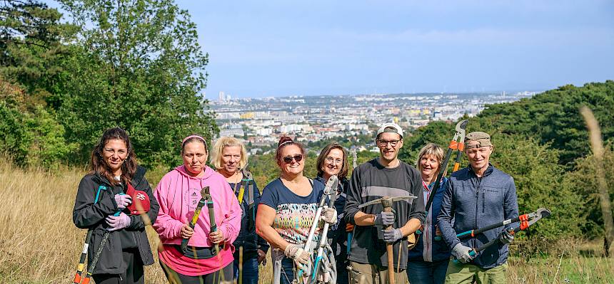 Die Mitarbeiter:innen der Erste Group Services GmbH (Finance Subsidiaries Leasing) bei der Heidepflege. © FdPH/N. Novak