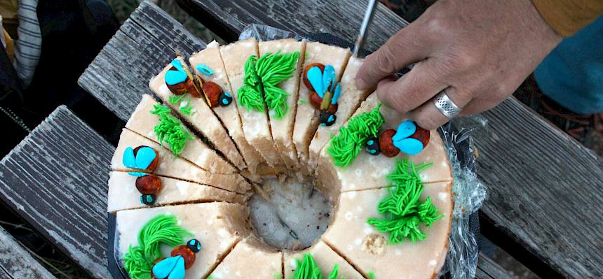 Eigentlich viel zu schön zum Zerschneiden - die tolle Jubiläumstorte von unserer Biologin Bianca Sabek teilten sich die fleißigen Heidefest-Helfer:innen am Ende des erfolgreichen Heidefestes als Belohnung auf. © FdPH/F. Hohn