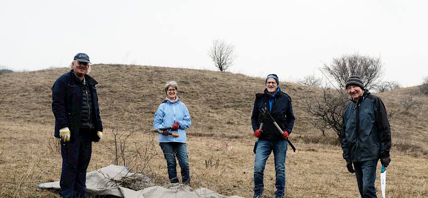 Das Pflanzenmaterial wurde auf Planen gesammelt und gemeinsam an den Flächenrand getragen. © LPV/J. FFischer