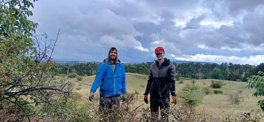 Trotz Regen nicht aufgeben - Luca, Ben und Felix (hinter der Kamera) reparieren die Dornenbarriere auf der Großen Heide. © FdPH/F. Hohn